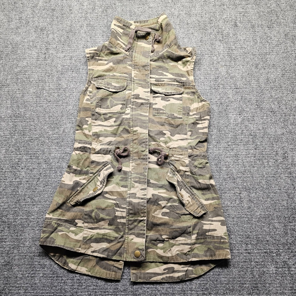 American Rag Cie Womens XS Camo Utility Vest Green Brown Zip Drawstring Waist